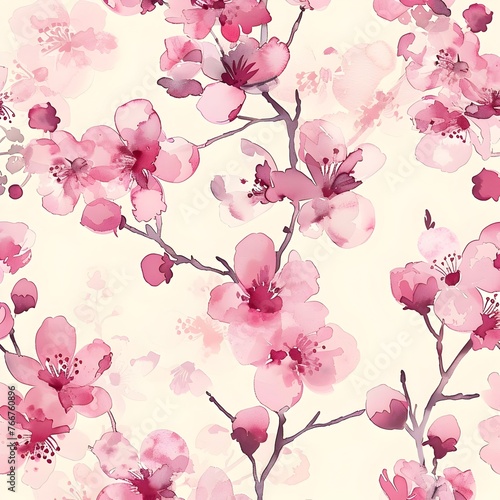 Vibrant Pink Cherry Blossom Flowers on Branches in Springtime Nature Background