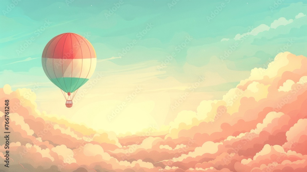 Fototapeta premium Pastel Hot Air Balloon Soaring over Fluffy Orange Clouds at Dawn 