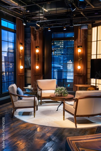 A talk show set adorned with sleek furniture and modern decor, where business leaders gather to exchange ideas and perspectives on economic issues and market trends, Generative AI