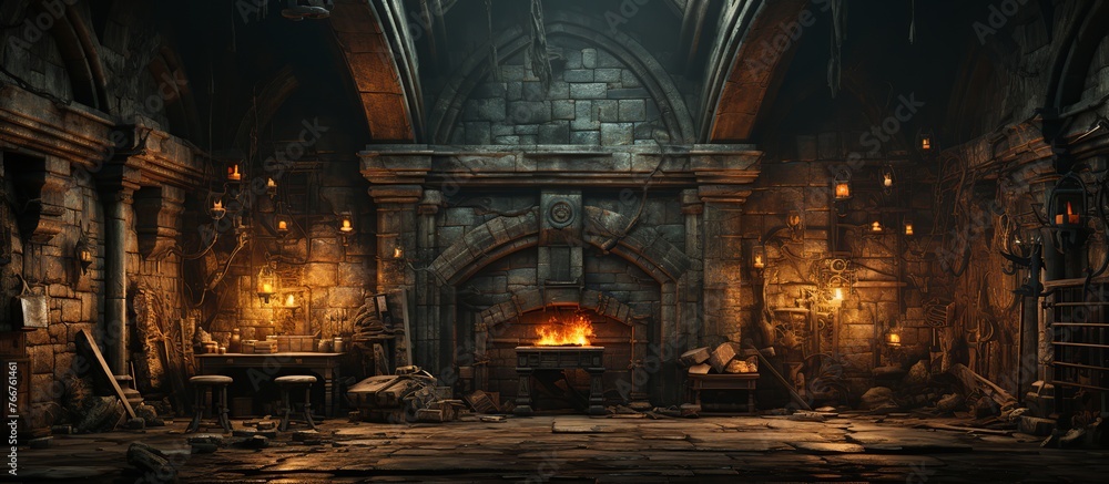 Background of mystical dark interior of medieval room with large wooden door and skull on table against an ancient stone wall