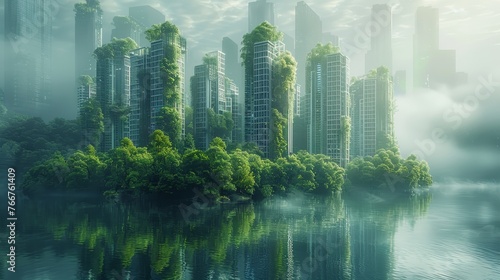 A futuristic city skyline with green buildings, renewable energy sources, and clean air