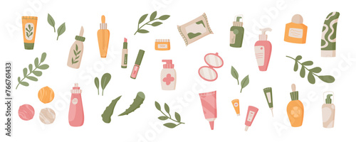Colorful antiaging cosmetic product tube collection, flat fashion bodycare bottles compostion with green leaves, cartoon natural skin care pack set, trendy moisturizing beauty cream jar and bath bombs