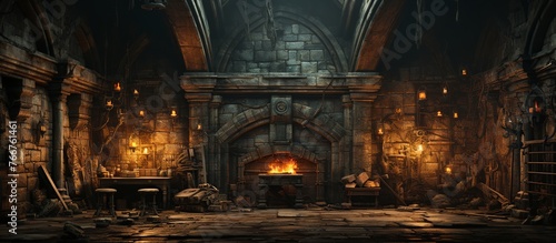 Background of mystical dark interior of medieval room with large wooden door and skull on table against an ancient stone wall photo