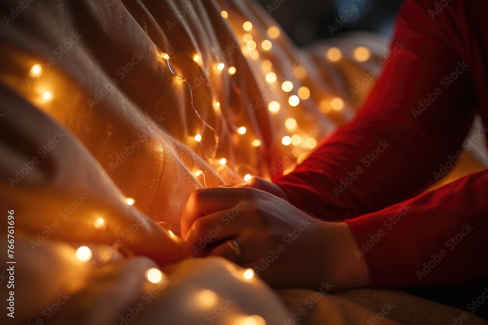 Pillow Fort Love: Close-up of hands building a pillow fort.