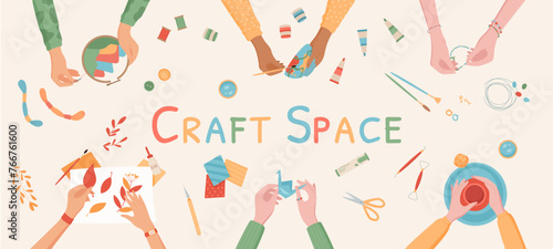 Handmade DIY craft workshop activity background, colorful hands make art vector banner, creative origami craftwork top view illustration, handicraft pottery work hobby vector concept.