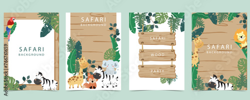 safari banner with giraffe,elephant,zebra,fox and leaf frame.vector illustration for a4 design © piixypeach