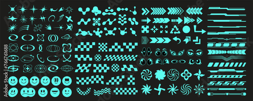 Neon y2k trippy rave decoration set graphic, cyber geometry acid element collection, retro abstract 90s symbol, modern techno y2k shape vector, geometric blue groovy icon aesthetic