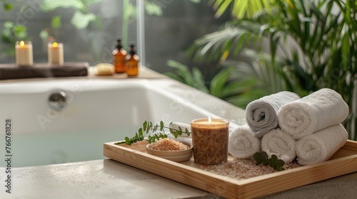 A luxurious home spa bath setup with rolled white towels  lit candles  and natural elements  creating a tranquil wellness space