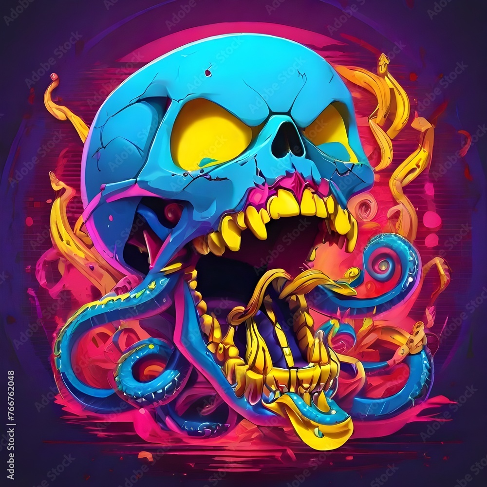 Skull with tentacle coming out of the mouth blue animated style comics with yellow lights and pink shadow, natural size Generative AI