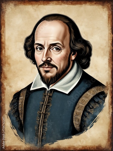 Portrait of William Shakespeare art oil on canvas medieval painting illustration grainy grunge texture from Generative AI