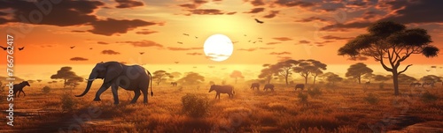 African savannah with elephants at sunset - panoramic view.