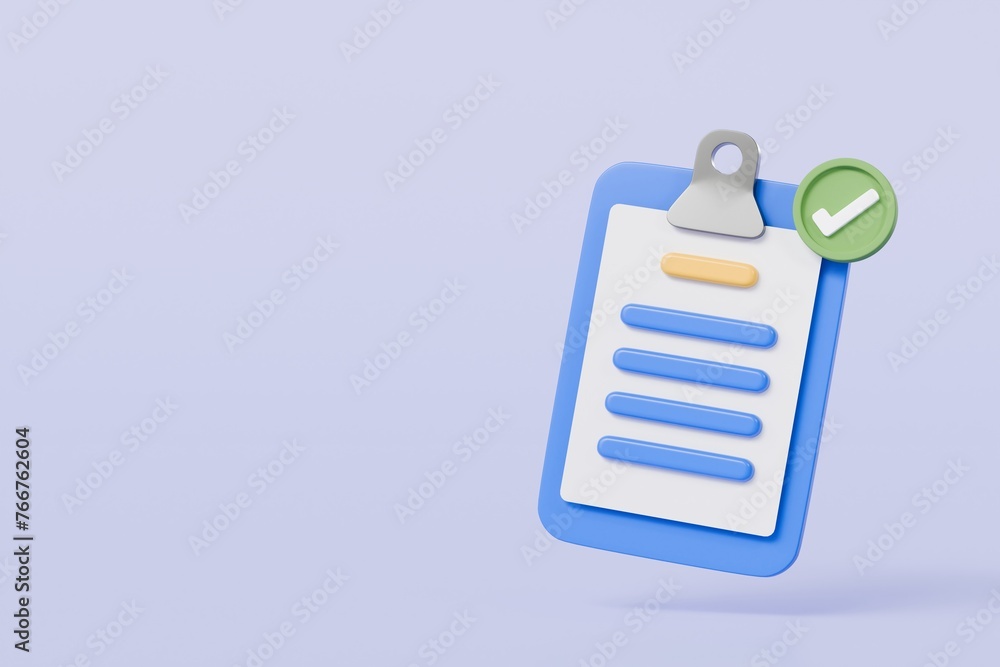 3D Blue Clipboard with blank paper notes and check marks icon symbol. Confirmed or approved document checklist done icon. Cartoon minimal style on isolated purple background 3d rendering illustration. 3D Blue Clipboard with blank paper notes and check marks icon symbol. Confirmed or approved document checklist done icon. Cartoon minimal style on isolated purple background 3d rendering illustration.
