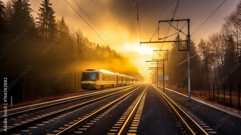 High speed train in the fog at the railway station. Railway travel concept