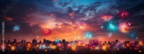 Cityscape Fireworks New Year's Eve holiday background banner panorama