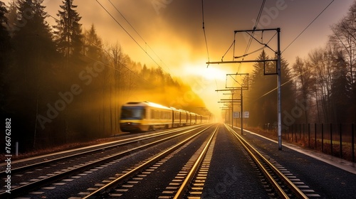 High speed train in the fog at the railway station. Railway travel concept