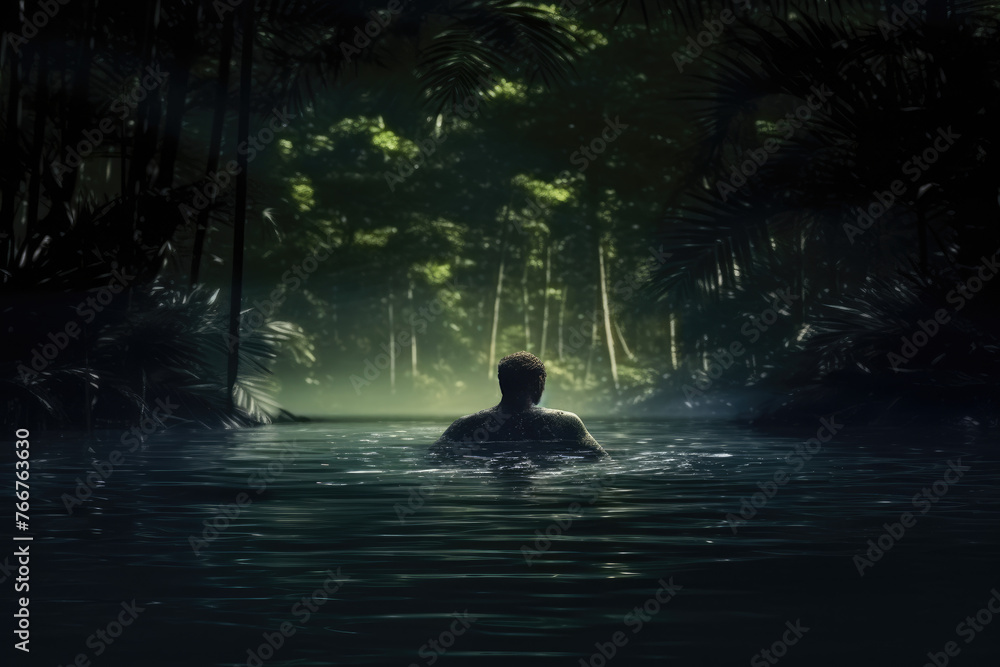Traveler swimming in the water, on the edge of a cliff among the jungle, foliage and mountains. Concept of unity with freedom, nature and health.