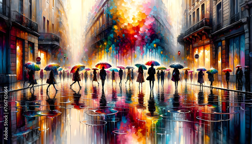 A rain-soaked city street comes to life in this vibrant scene. Pedestrians, hidden under a variety of colorful umbrellas, , reflecting the vibrant atmosphere