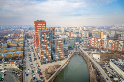 Yekaterinburg aerial panoramic view at spring in cloudy day. Ekaterinburg is the fourth largest city in Russia located in the Eurasian continent on the border of Europe and Asia.