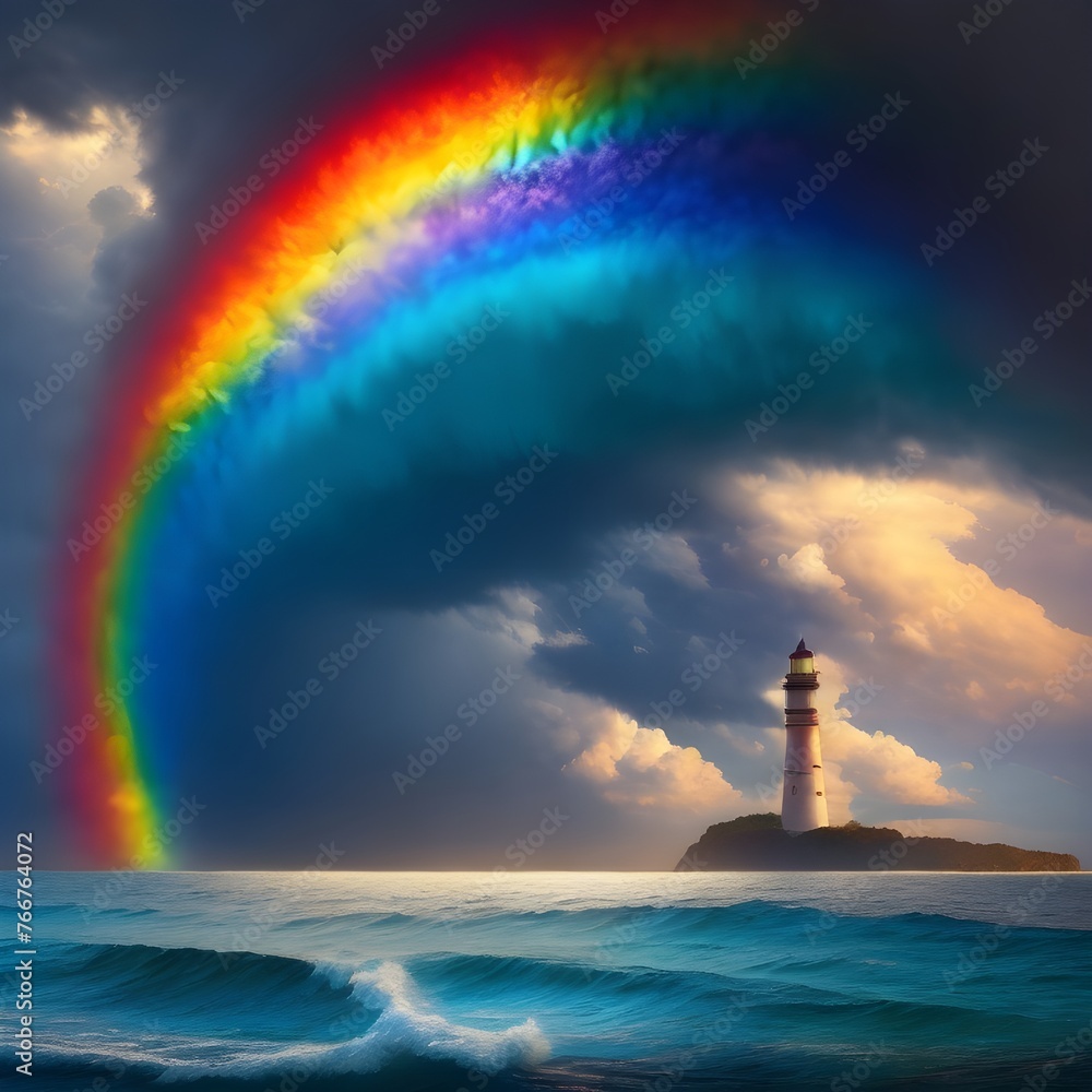 A rainbow beacon pierces through stormy clouds above the turbulent seas, casting vibrant colors across the sky. At the center of this breathtaking scene Generative AI