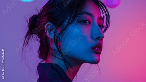 Asian model, purple and blue background, black clothes , hyper-realistic