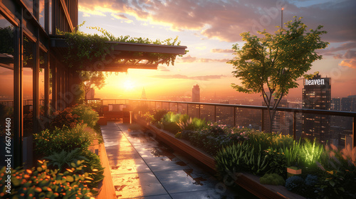 Sunset View from Urban Rooftop Garden