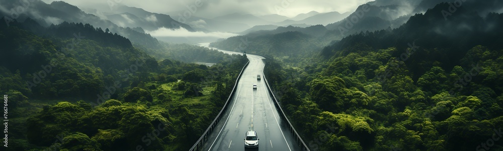 Car driving on the road in the misty rain forest. Panorama - obrazy, fototapety, plakaty 