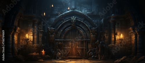 Background of mystical dark interior of medieval room with large wooden door and skull on table against an ancient stone wall © KRIS