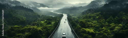 Car driving on the road in the misty rain forest. Panorama photo