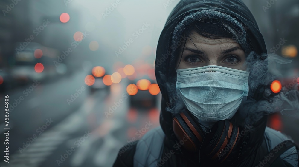A person wearing a mask outdoors in a polluted city, looking concerned and highlighting the issue of air quality and public heal A person wearing a mask outdoors in a polluted city, looking concerned and highlighting the issue of air quality and public heal