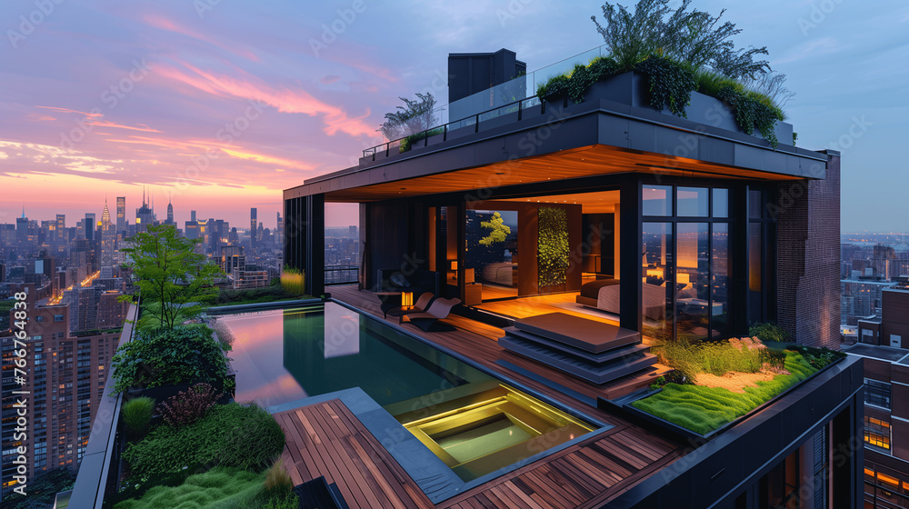 Luxurious Penthouse with Rooftop Pool Overlooking Cityscape at Dusk