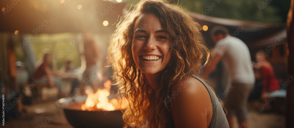 A woman with layered hair is smiling happily in front of a fire pit at an outdoor cooking event, enjoying the heat and fun atmosphere by the water - obrazy, fototapety, plakaty 