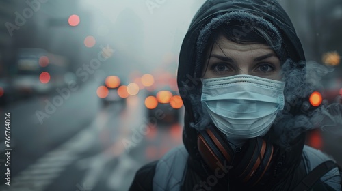  A person wearing a mask outdoors in a polluted city, looking concerned and highlighting the issue of air quality and public heal  photo