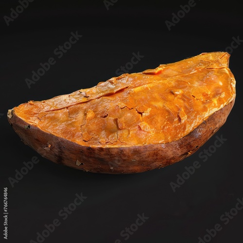 Sweet potato with orange brown skin sits upright on black resembles a duck.