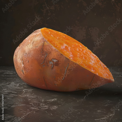 Sweet potato with orange brown skin sits upright on brown resembles a duck.