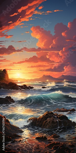 Beautiful sunset over the sea in the tropics. Illustration