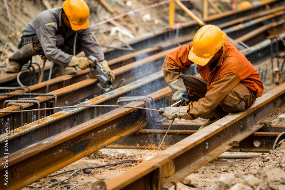 Construction workers welding steel beams together at a construction site, demonstrating the technical skills required in building infrastructure, Generative AI Construction workers welding steel beams together at a construction site, demonstrating the technical skills required in building infrastructure, Generative AI