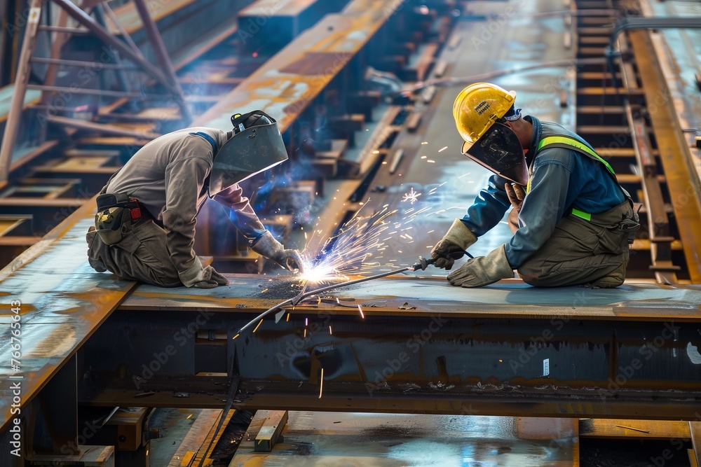 Construction workers welding steel beams together at a construction site, demonstrating the technical skills required in building infrastructure, Generative AI Construction workers welding steel beams together at a construction site, demonstrating the technical skills required in building infrastructure, Generative AI