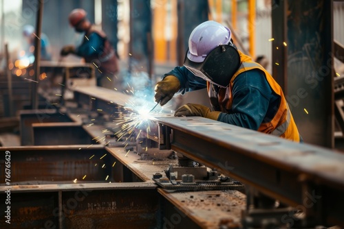 Construction workers welding steel beams together at a construction site, demonstrating the technical skills required in building infrastructure, Generative AI