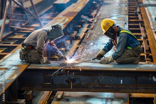 Construction workers welding steel beams together at a construction site, demonstrating the technical skills required in building infrastructure, Generative AI