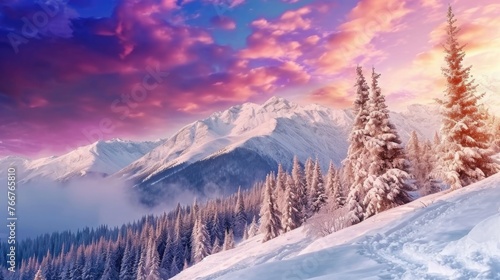 Beautiful mountain landscape with pink and purple sky and snow-covered trees