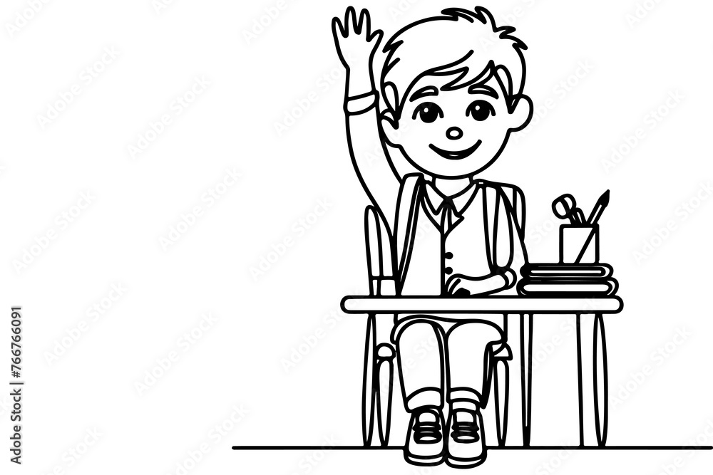 one continuous black line drawing young school boy back to school concept outline doodle vector illustration on white background