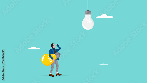 looking for new business strategy to change management or transition to better innovative company, business transformation, businessman looking for ways to replace old light bulb ideas with new ones