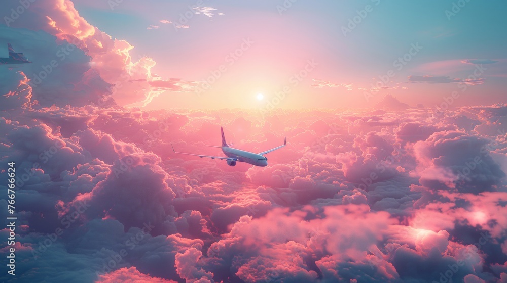 Airplane flying over clouds, embodying global travel, tourism, and leisure, clear summer sky background, concept of holiday planning, vibrant colors, wide angle, AI Generative Airplane flying over clouds, embodying global travel, tourism, and leisure, clear summer sky background, concept of holiday planning, vibrant colors, wide angle, AI Generative