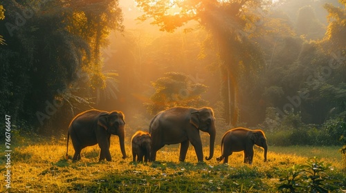 Asian elephant family, gentle giants, meandering through a lush, verdant forest, warm setting sun filtering through the canopy, casting long shadows, serene, familial bond evident, AI Generative photo