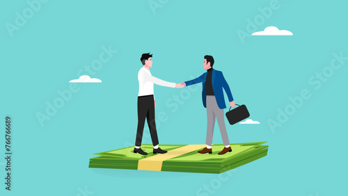 Salary Negotiation illustration, Pay Raise Discussion Or Wages And Benefit, business deal or merger and acquisition, two businessmen shaking hands on a pile of money discussing a work agreement
