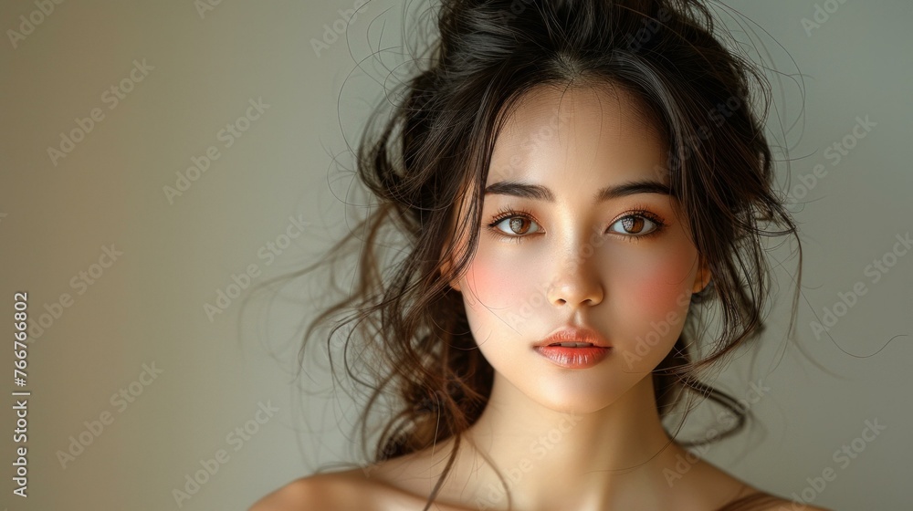 Graceful Asian lady, high-end makeup sophistication, allure, simple beige setting, classic portrait, tranquil grace, AI Generative Graceful Asian lady, high-end makeup sophistication, allure, simple beige setting, classic portrait, tranquil grace, AI Generative