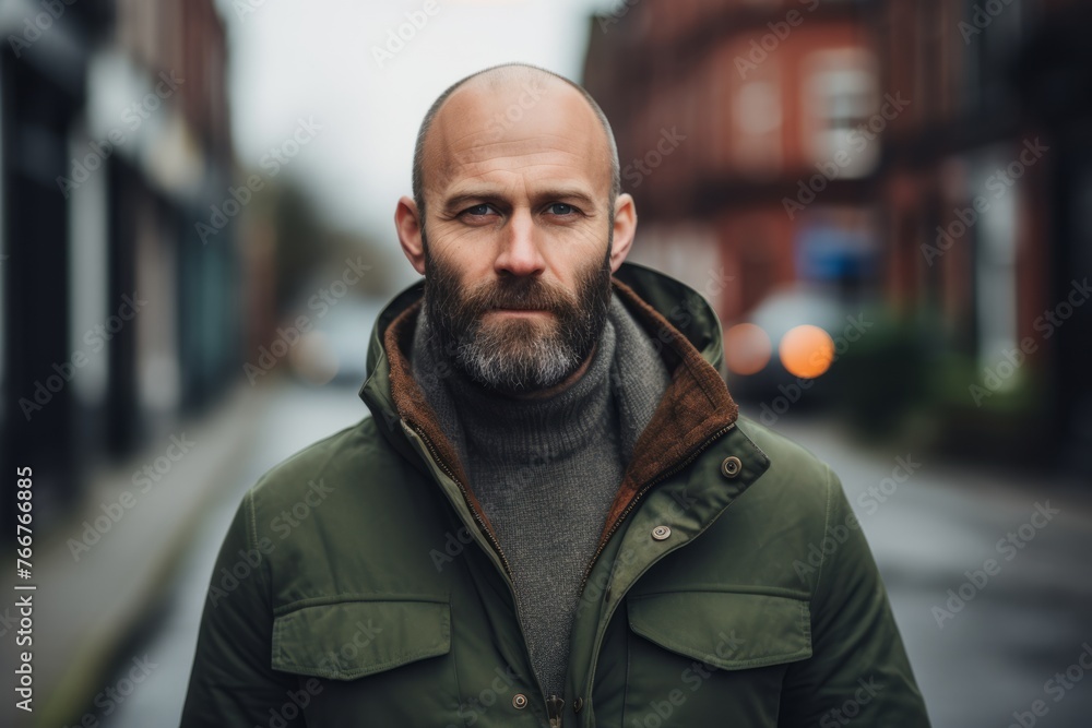 Portrait of a bearded man in a green jacket on the street Portrait of a bearded man in a green jacket on the street