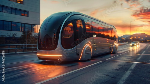 gray advanced bus navigating the roadway, vision of future transportation, detailed, dynamic, AI Generative