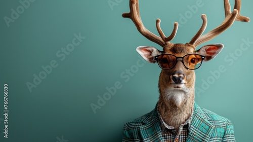 Hipster Xmas Deer, boss-like in suit and shades, sitting regally, pastel teal green setting, a blend of festive and trendy,, AI Generative