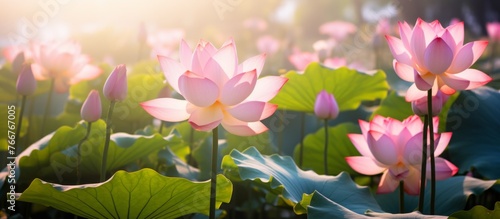 A picturesque natural landscape featuring a field of pink lotus flowers with green leaves  creating a beautiful contrast of colors in the water